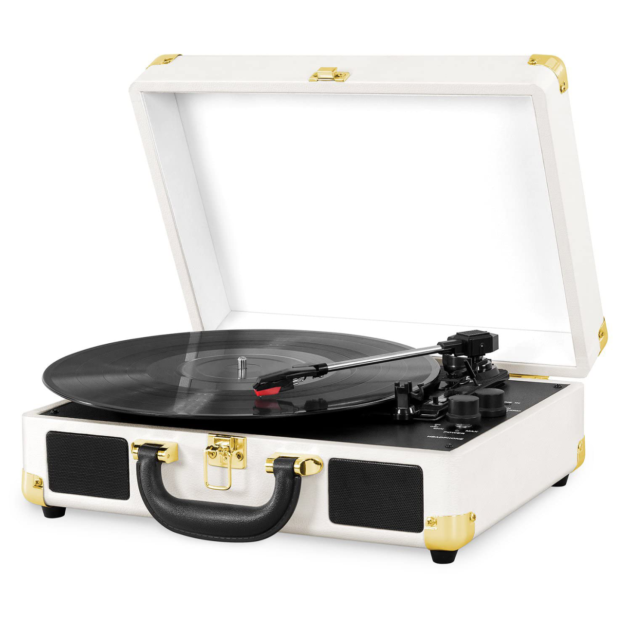 White and gold Auryvox Heritage VT-80 Portable Turntable with open lid on a white background