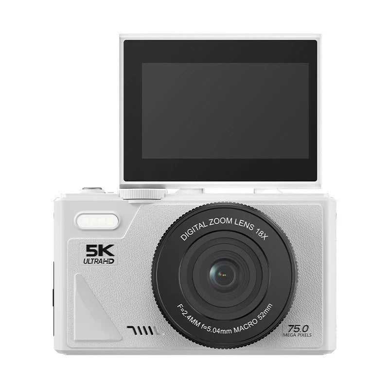 Fotyraz Digital Camera with a screen on top and lens in the front, on a white background