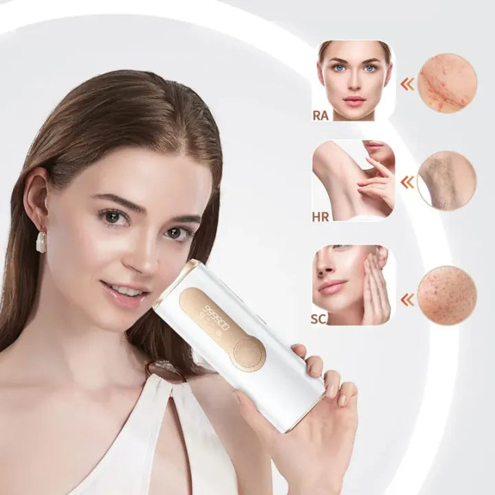 Woman holding a skincare ZenHairo Laser Hair Removal with skin analysis graphics on a white background