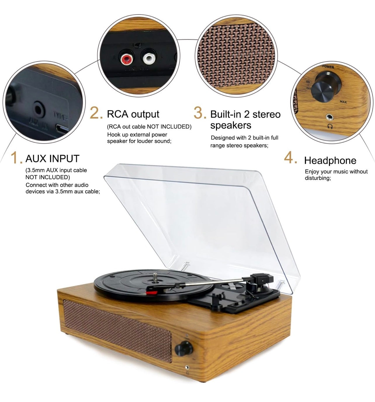 Wooden Vorthic Record Player with features highlighted on a white background