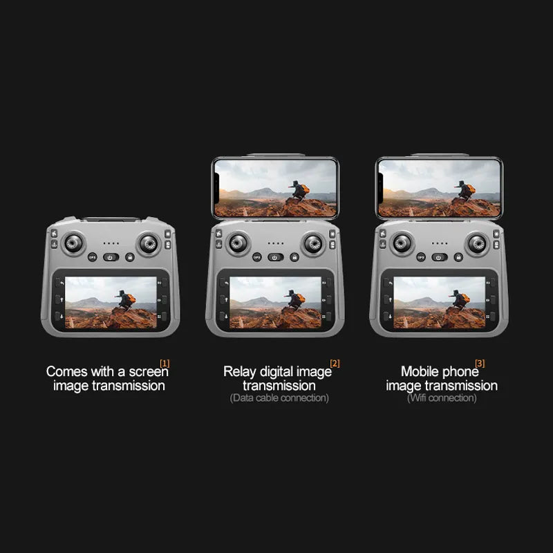 Three models of a device with screen image transmission capabilities on a black background