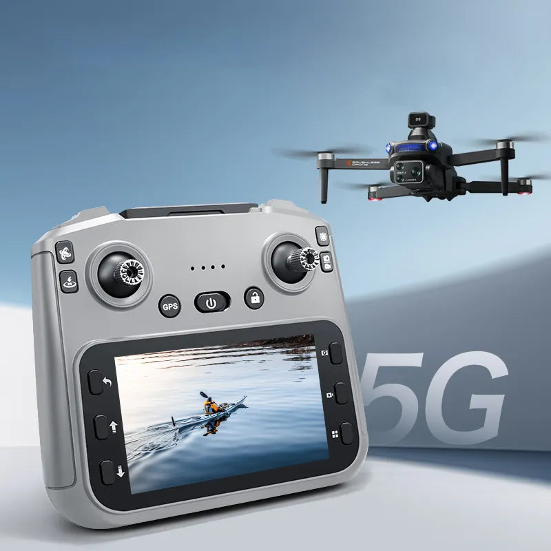 Zimo air s7 drone control remote with screen displaying a drone flying over water, against a blue sky background.