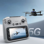 Zimo air s7 drone control remote with screen displaying a drone flying over water, against a blue sky background.