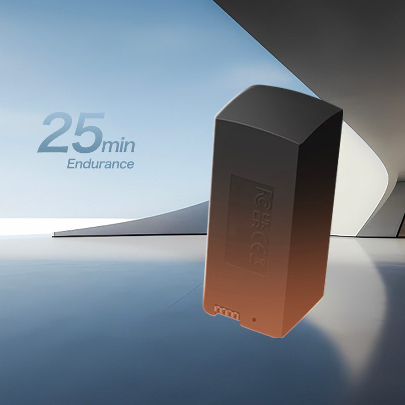 Battery pack with '25 min Endurance' text on a reflective surface