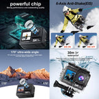 ZinoxCam Action Camera with features like powerful chip, anti-shake technology, wide-angle lens, and waterproof capability displayed on a mountain and snowy landscape background.